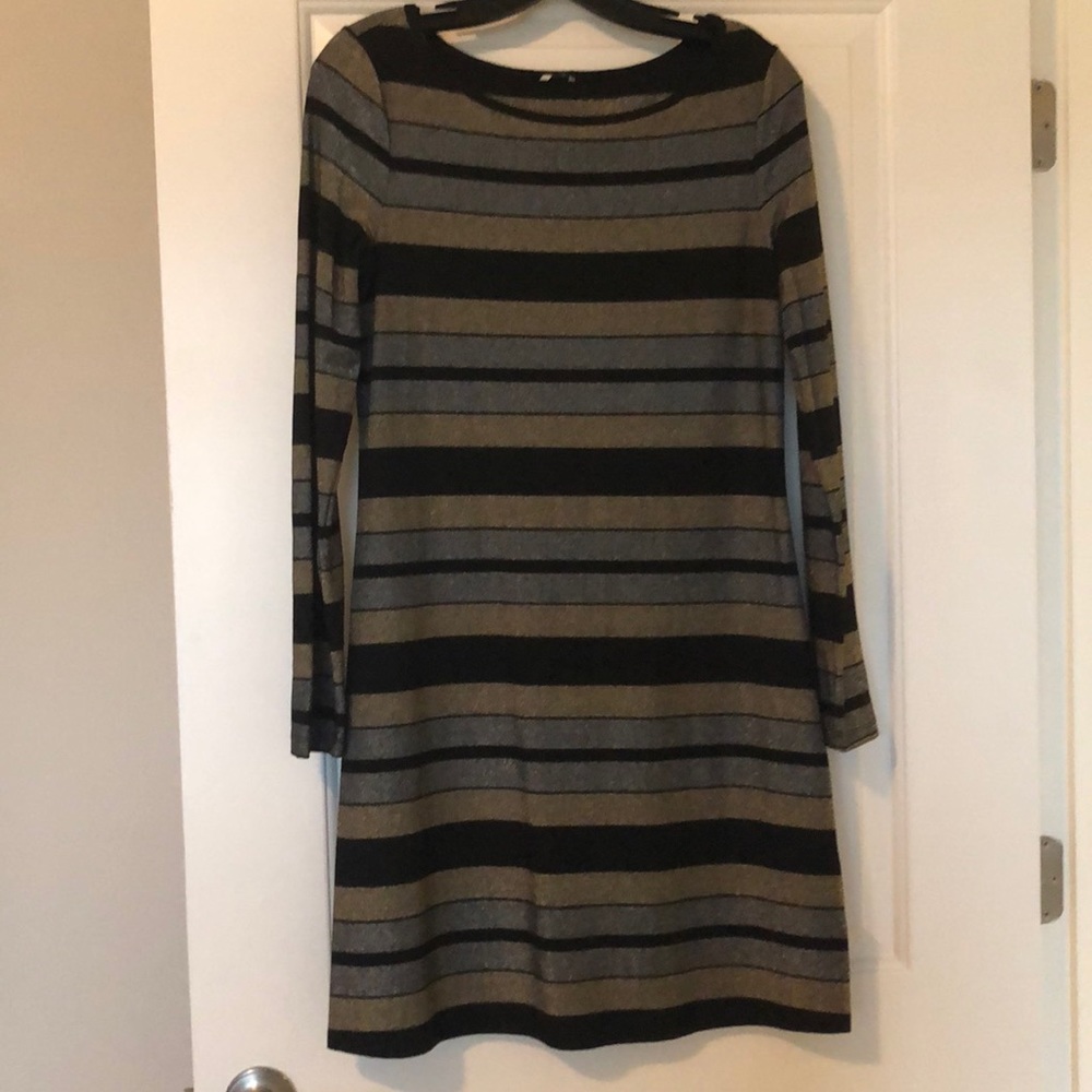 Three Dot Metallic Stripe Long Sleeve Knit Dress